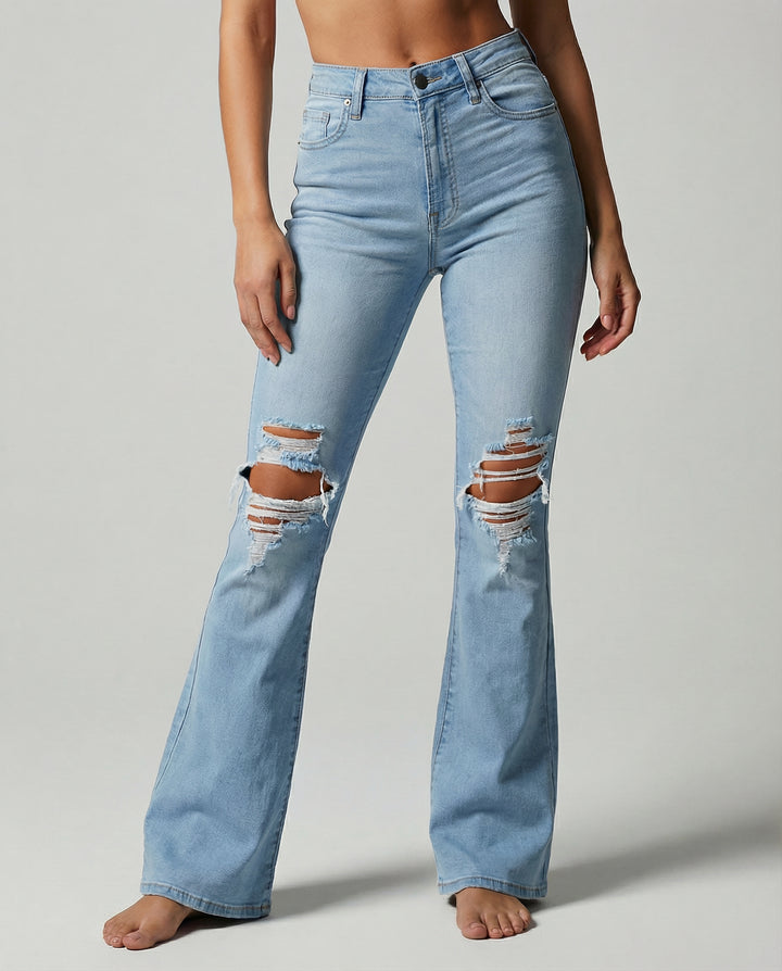 Distressed High-Rise Flare-Leg Jeans