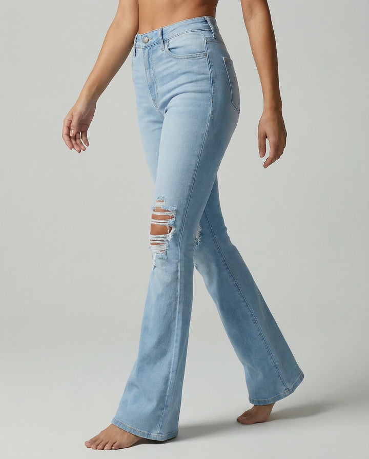 Distressed High-Rise Flare-Leg Jeans