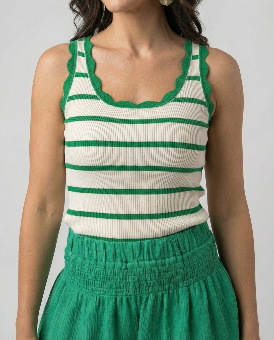 Emerald Stripe Scallop Knit Tank