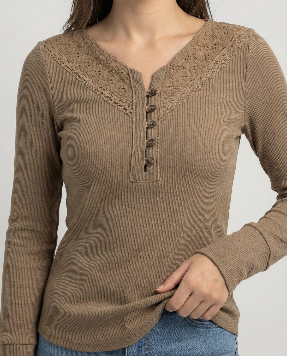 Eyelet Stitch V-Neck Long Sleeve Knit Top