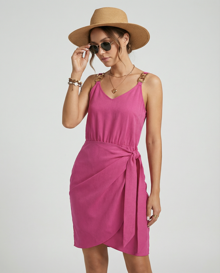 Sunset Twist V-Neck Tie-Waist Mini Dress
