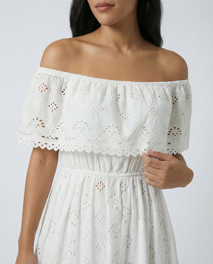 Ivory Breeze Eyelet Off-Shoulder Dress
