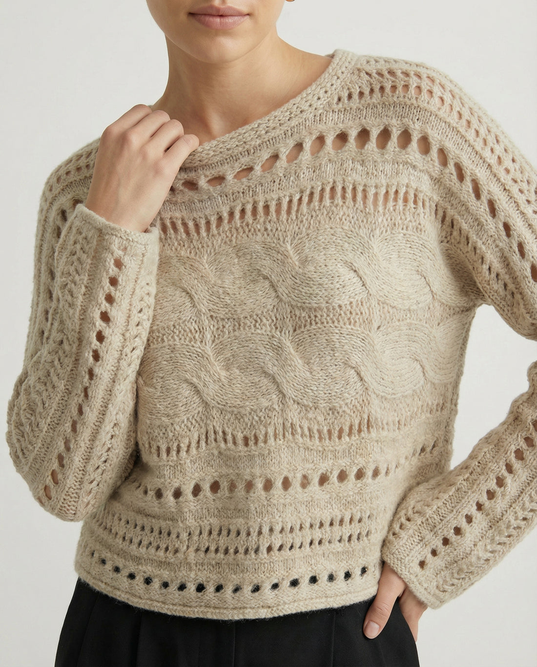Openwork Cable Boat Neck Sweater