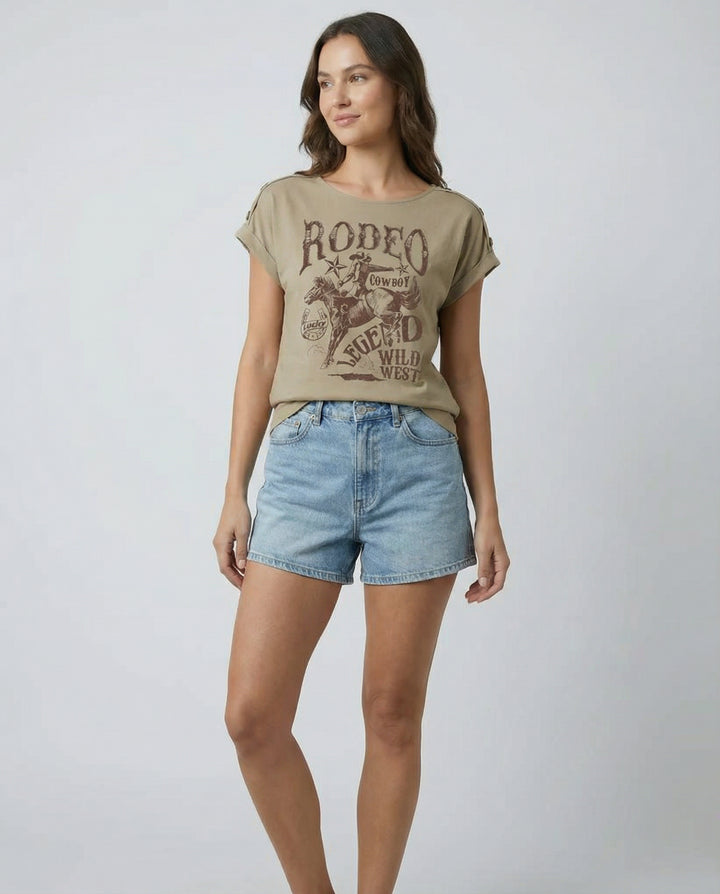 Rodeo Graphic Decorative Button T-Shirt