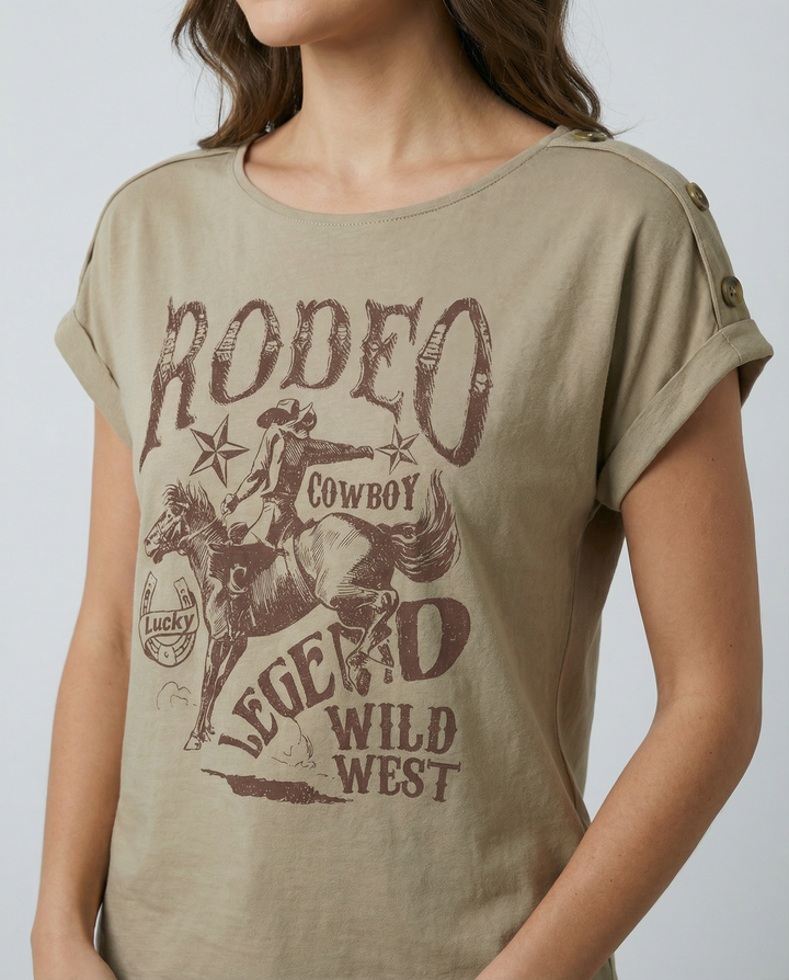 Rodeo Graphic Decorative Button T-Shirt