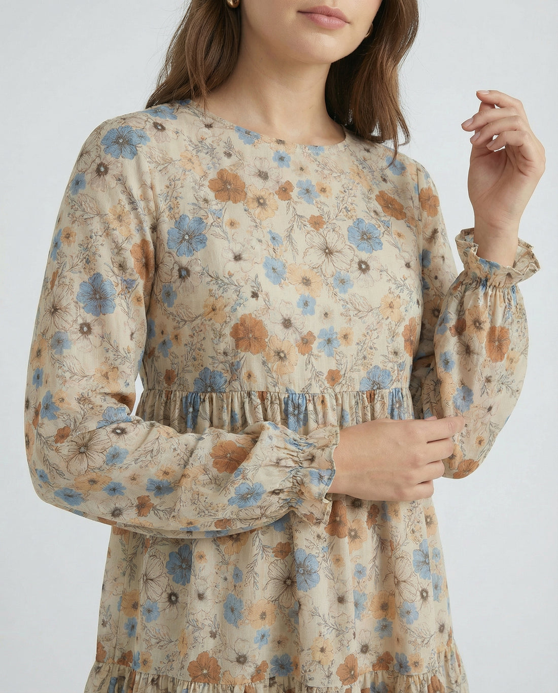 Soft Floral Long Sleeve Tiered Midi Dress
