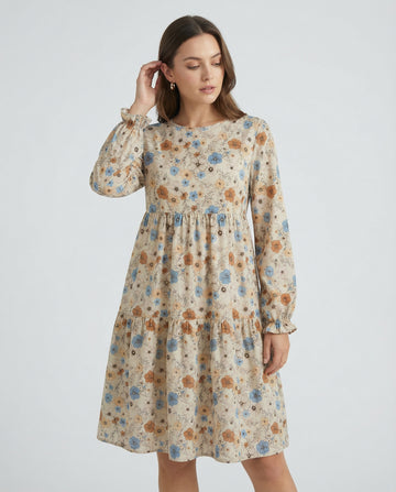 Soft Floral Long Sleeve Tiered Midi Dress
