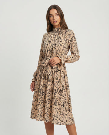 Spotted Mock Neck Flounce Sleeve Maxi Dress