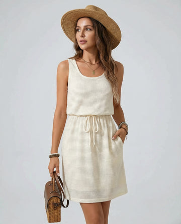 Waffle-Knit Drawstring Mini Tank Dress