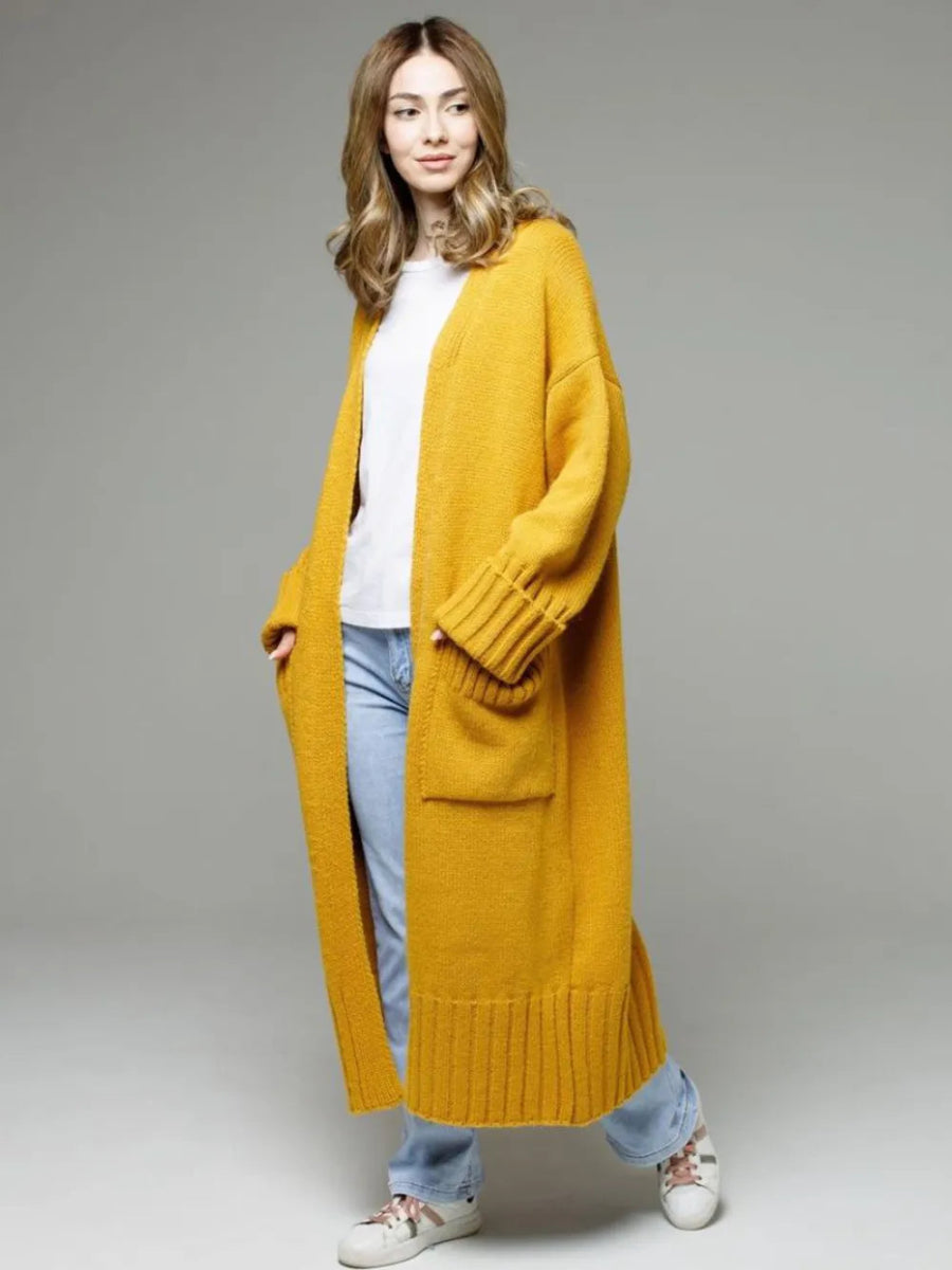 Pocketed Open Front Dropped Shoulder Cardigan - CELIVINE