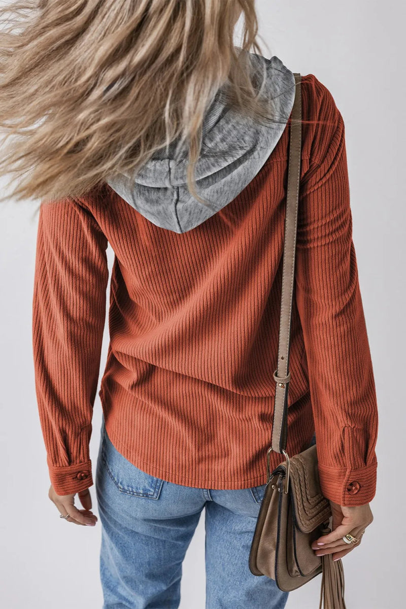 Drawstring Button Up Long Sleeve Hooded Jacket - CELIVINE