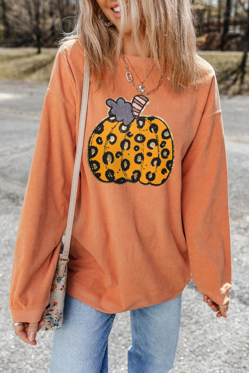 Pumpkin Round Neck Long Sleeve Sweatshirt - CELIVINE