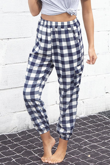 Perfee Plaid Elastic High Waist Cargo Pants - CELIVINE