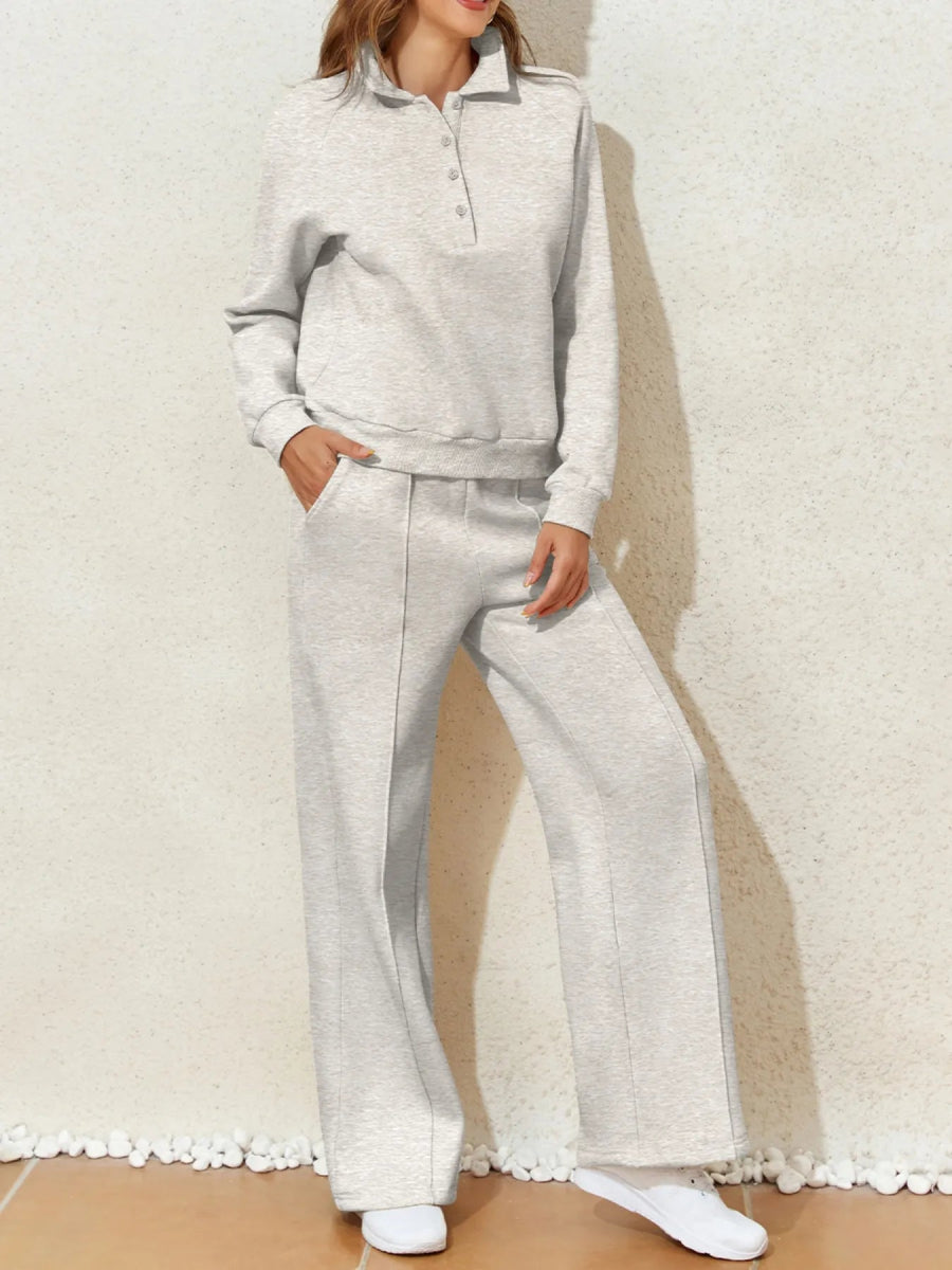 Collared Sweatshirt and High Waist Pants Active Set - CELIVINE