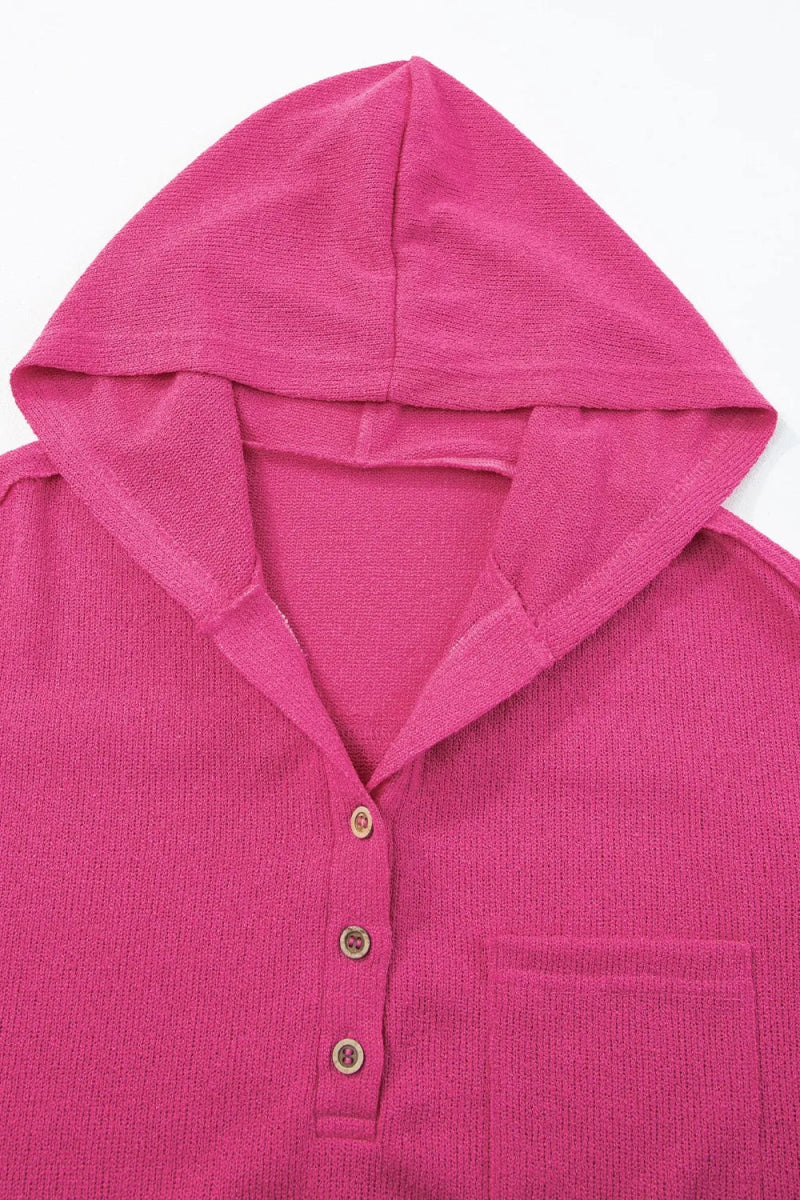 Exposed Seam Detail Henley Knit Hoodie - CELIVINE