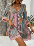 Lace Trim Printed V - Neck 3/4 Sleeve Dress - CELIVINE