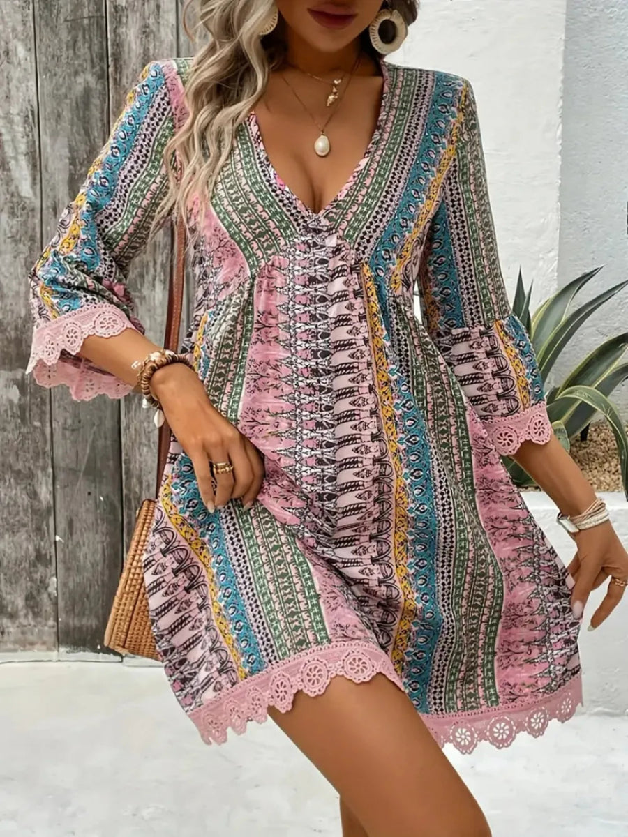 Lace Trim Printed V - Neck 3/4 Sleeve Dress - CELIVINE