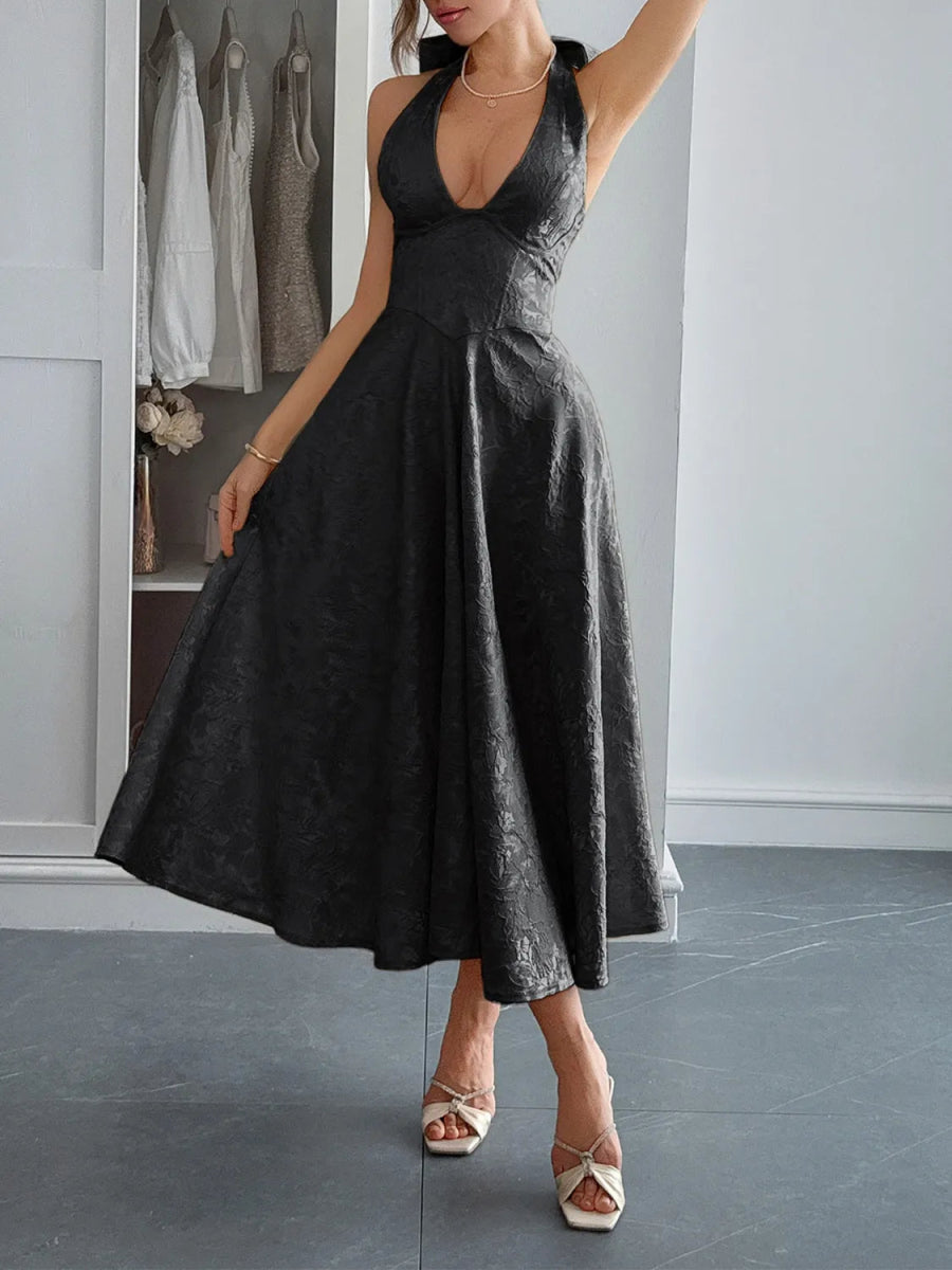 Halter Neck Midi Dress with Pockets - CELIVINE