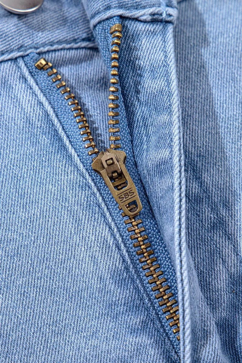 Pleated Patchwork Panel Lightweight Denim Shorts - CELIVINE