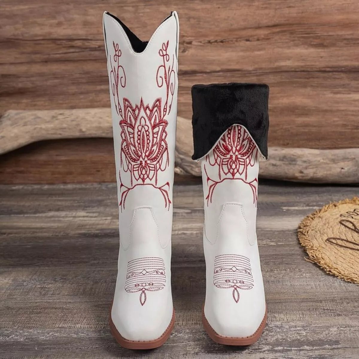Embroidered Block Heels Boots - CELIVINE