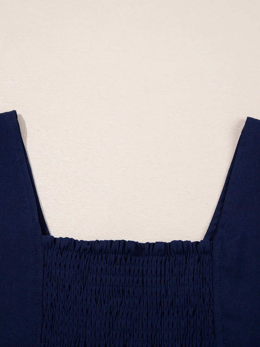 V Neck Buttoned Front Shirred Back Short Sleeve Midi Dress - CELIVINE