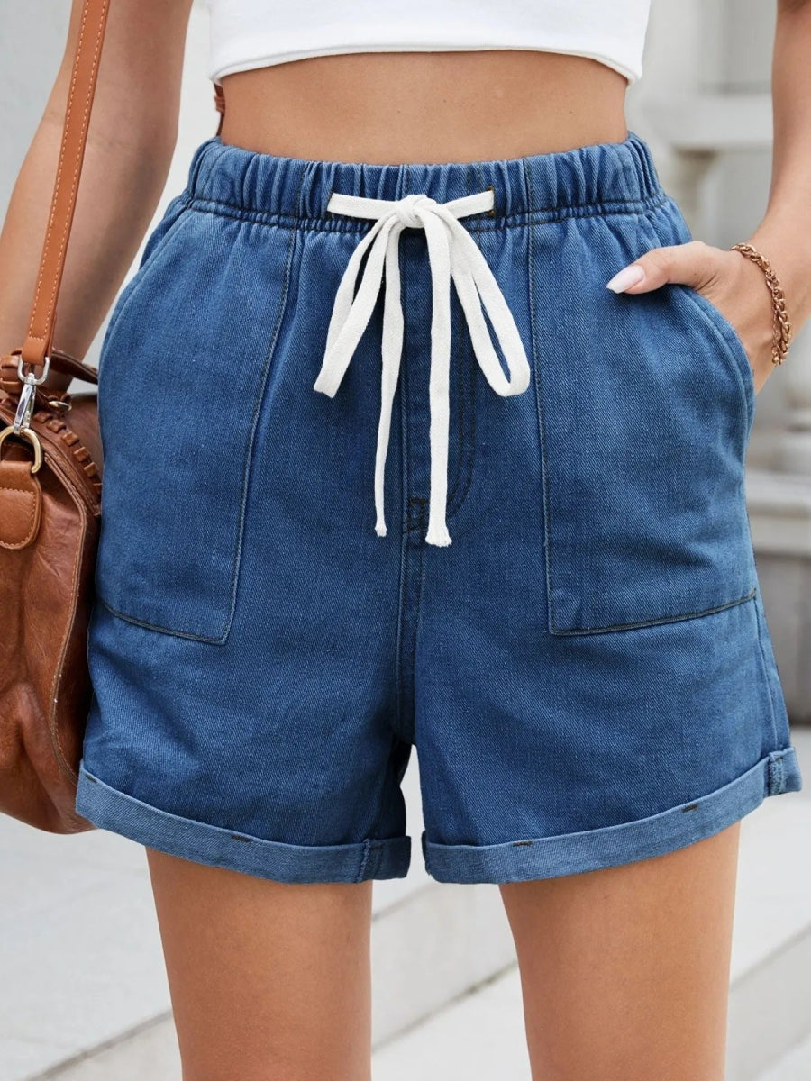 Drawstring Wash Denim Shorts - CELIVINE