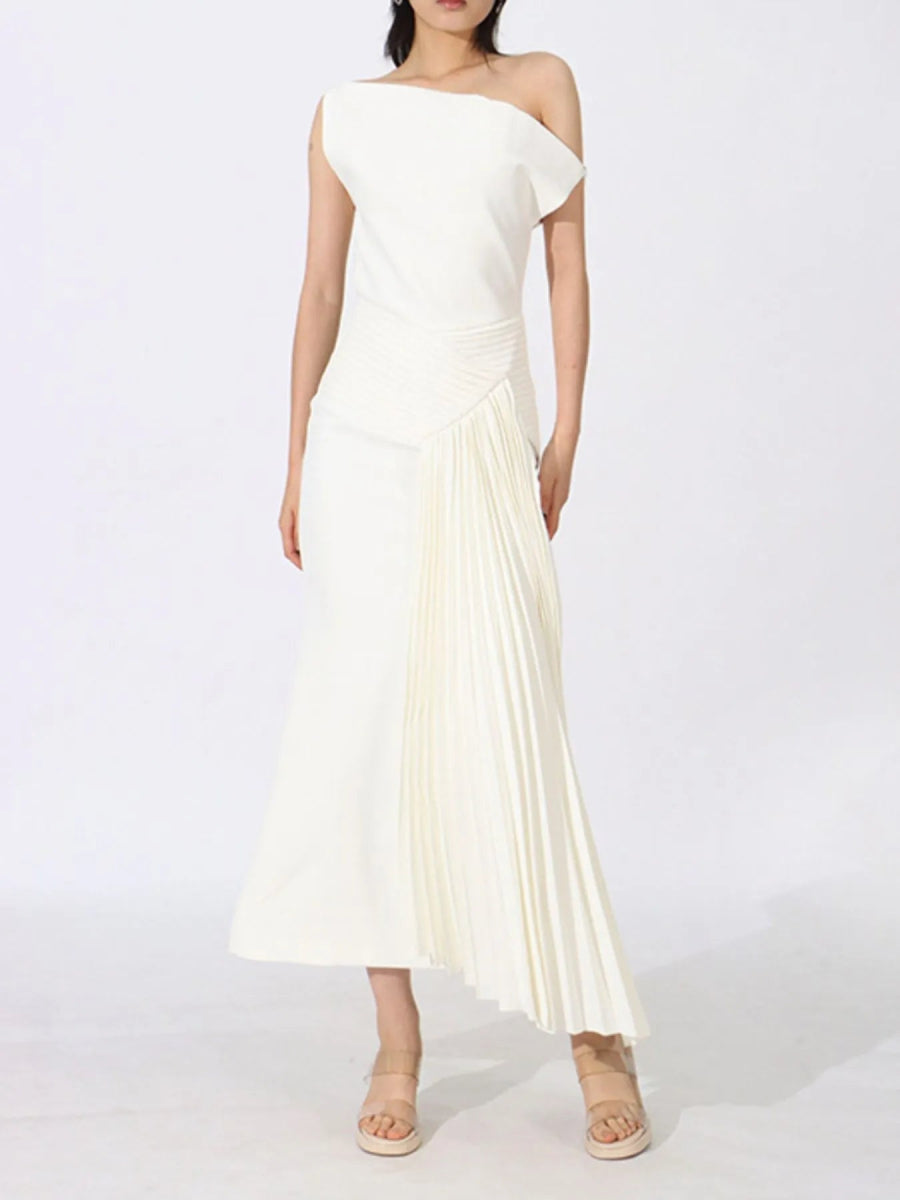 Single Shoulder Pleated Dress - CELIVINE