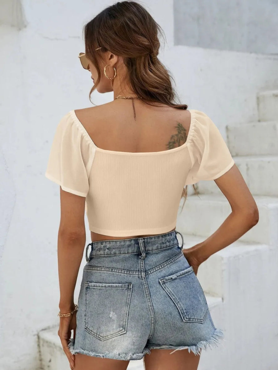 Drawstring Short Sleeve Crop Top - CELIVINE