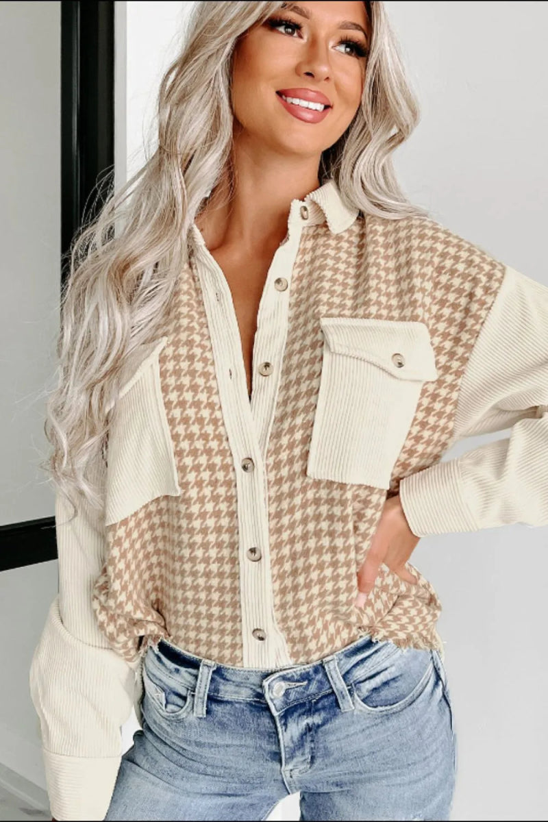 Houndstooth Button Up Long Sleeve Jacket - CELIVINE