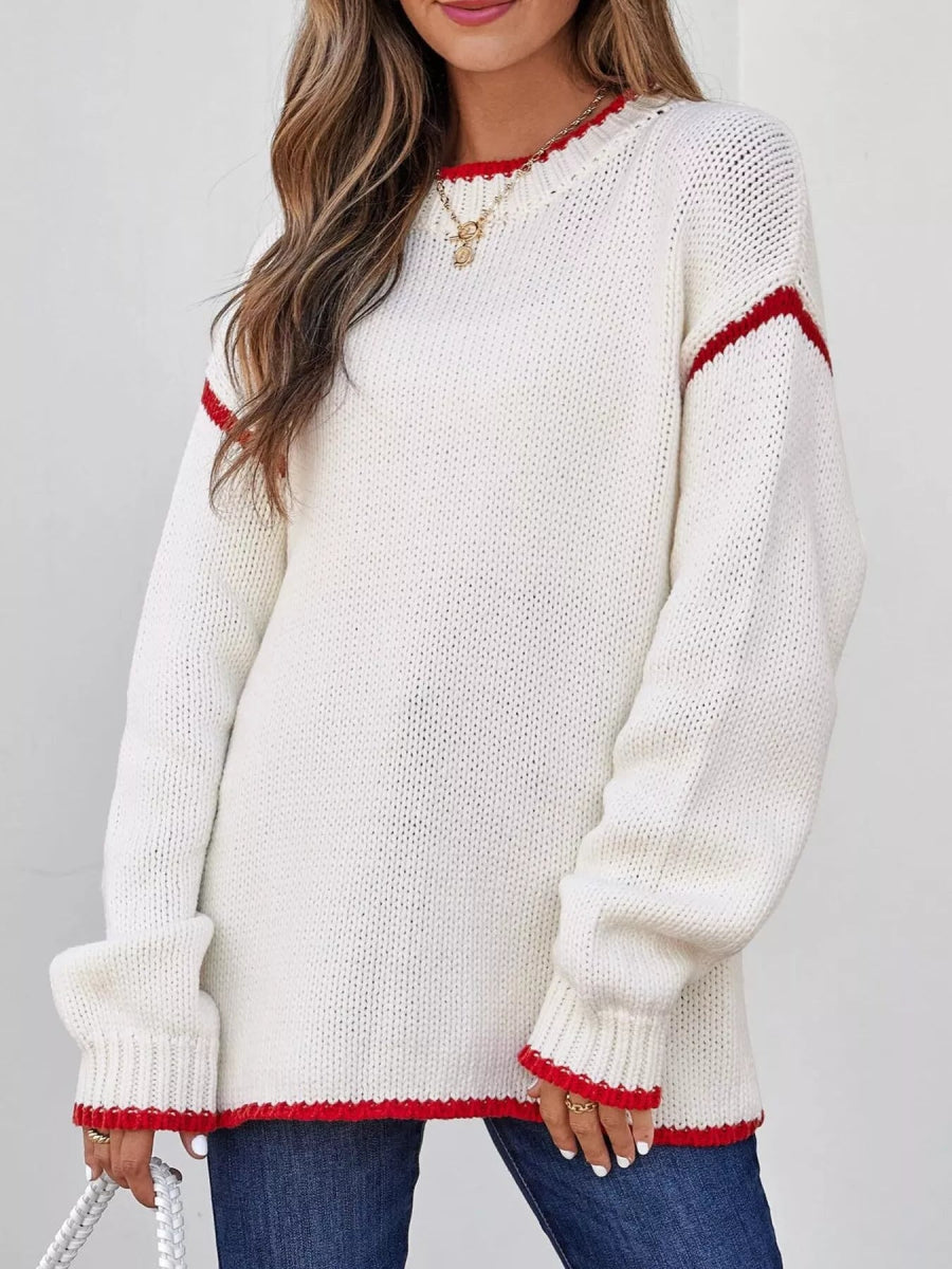 Contrast Trim Long Sleeve Sweater - CELIVINE