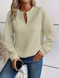 Quilted Texture Long Sleeve Sweatshirt with Notched Neck - CELIVINE