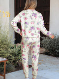 Floral Print Round Neck Top and Drawstring Pants Lounge Set - CELIVINE