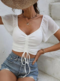 Drawstring Short Sleeve Crop Top - CELIVINE