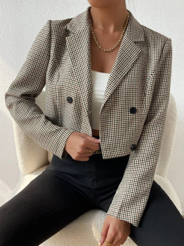 Plaid Lapel Collar Cropped Blazer - CELIVINE