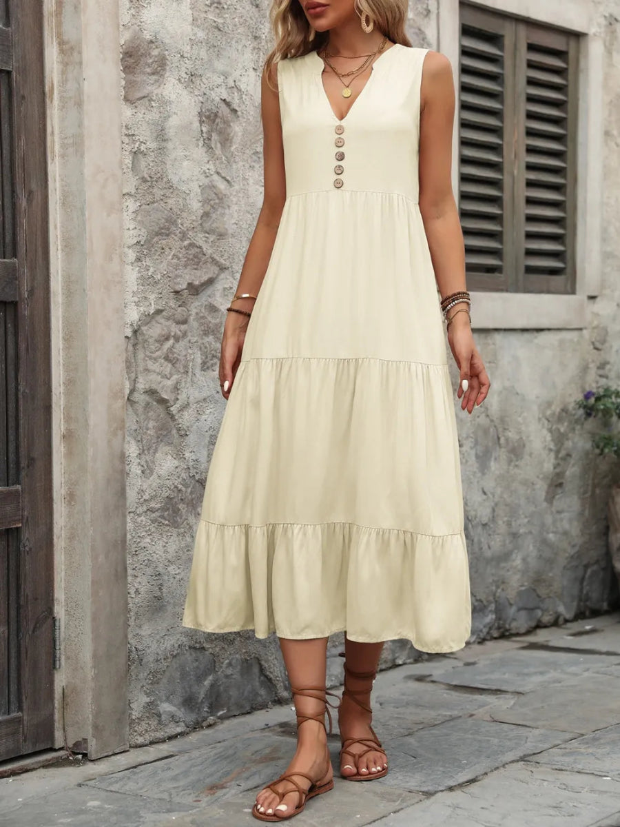Ivy Lane Decorative Button Notched Sleeveless Dress - CELIVINE