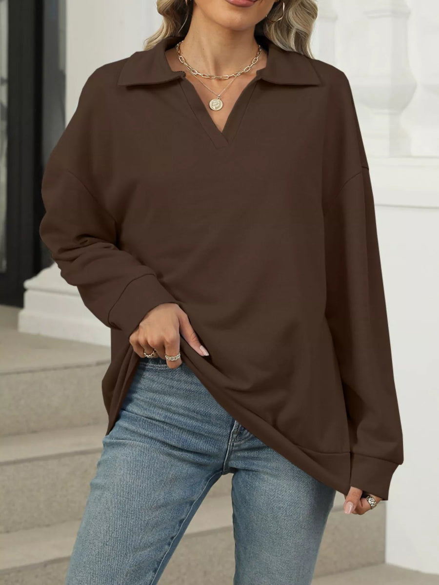 Johnny Collar Drop Shoulder Long Sleeve Sweatshirt - CELIVINE