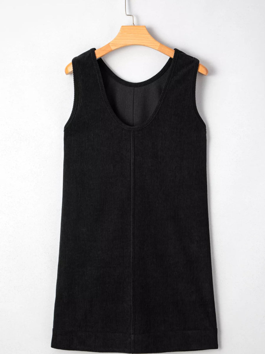 Corduroy Sleeveless Mini Dress with Patched Pockets - CELIVINE