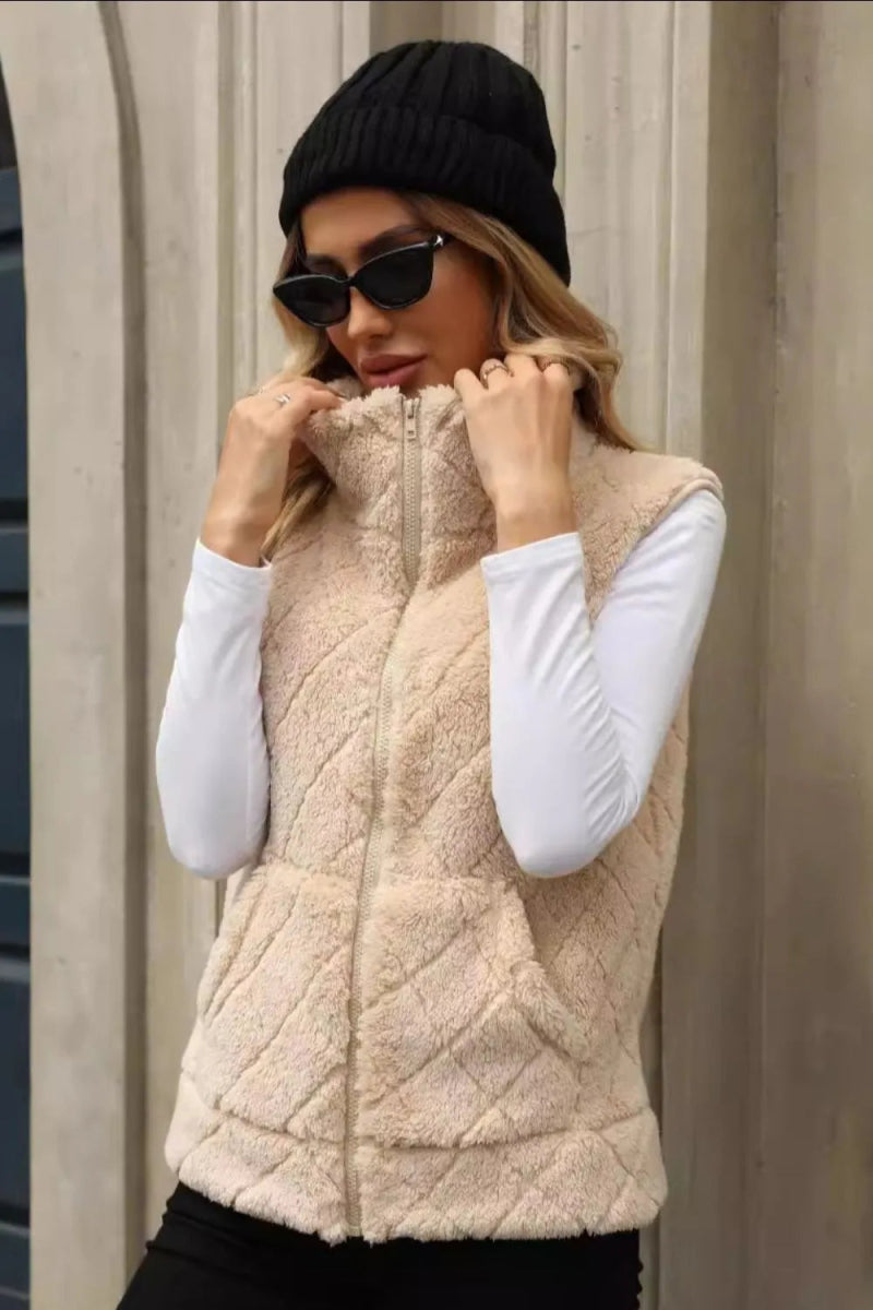 Fuzzy Plaid Texture Zip Up Vest Coat - CELIVINE