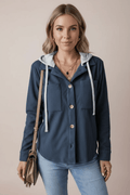 Drawstring Button Up Long Sleeve Hooded Jacket - CELIVINE