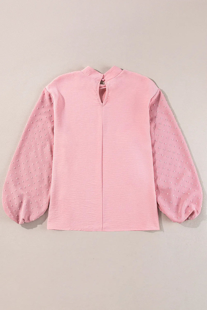 Swiss Dot Mock Neck Balloon Sleeve Blouse - CELIVINE