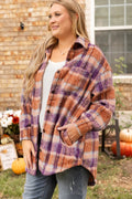 Plus Size Plaid Collared Neck Long Sleeve Jacket - CELIVINE