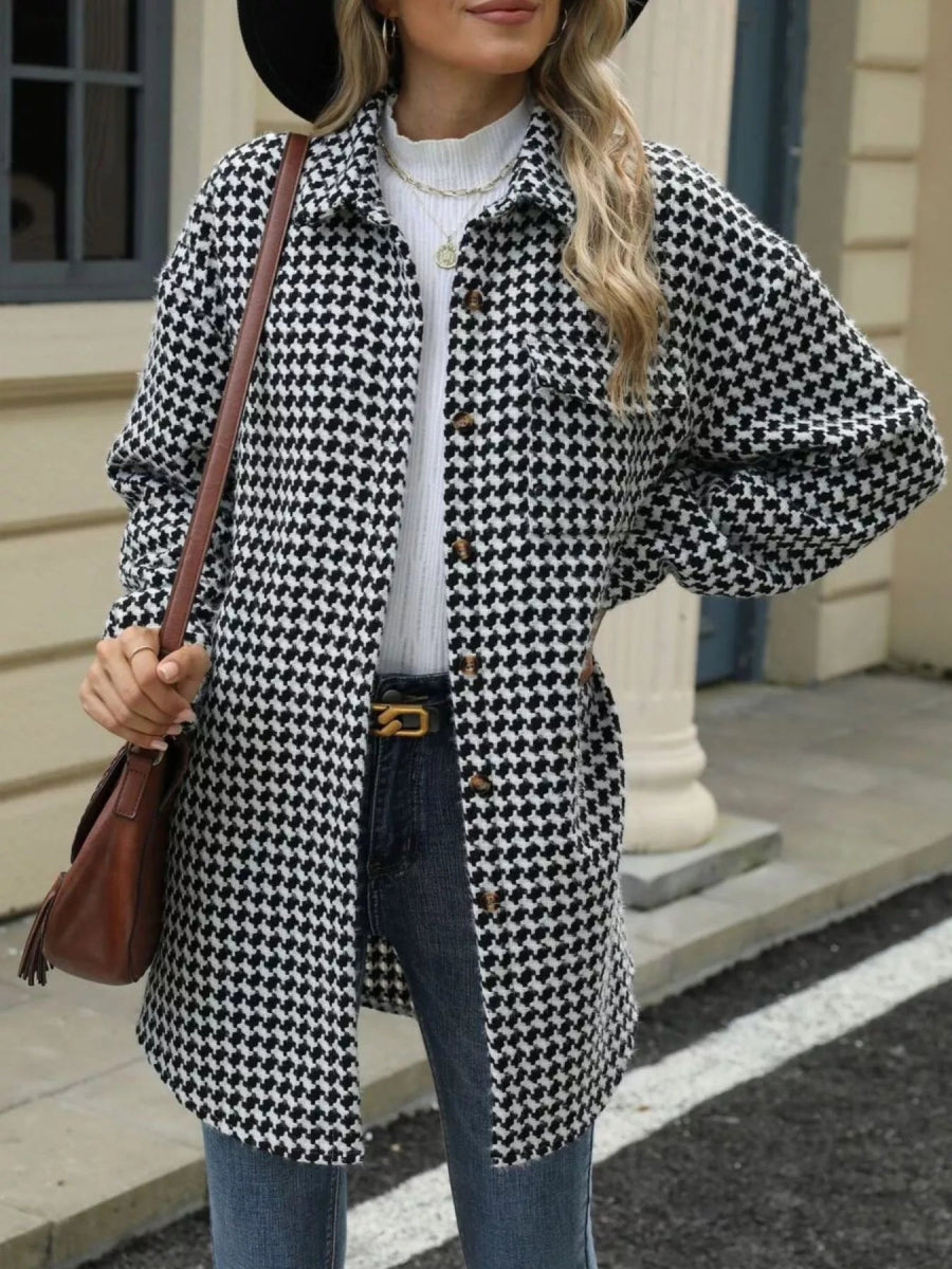 Houndstooth Button Up Long Sleeve Coat - CELIVINE