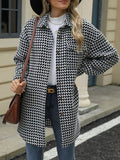 Houndstooth Button Up Long Sleeve Coat - CELIVINE