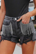 Rhinestone Fringe Distressed Denim Shorts - CELIVINE