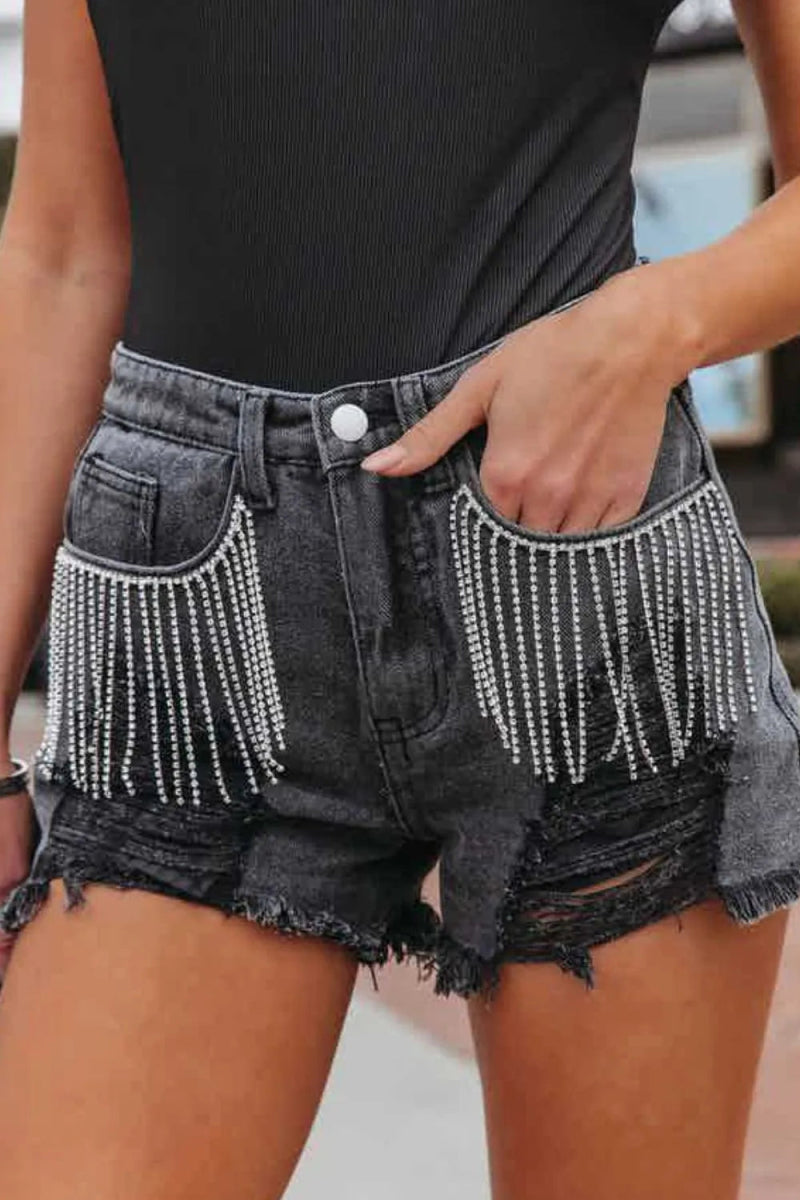 Rhinestone Fringe Distressed Denim Shorts - CELIVINE