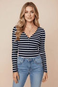 Striped V - Neck Long Sleeve Top - CELIVINE
