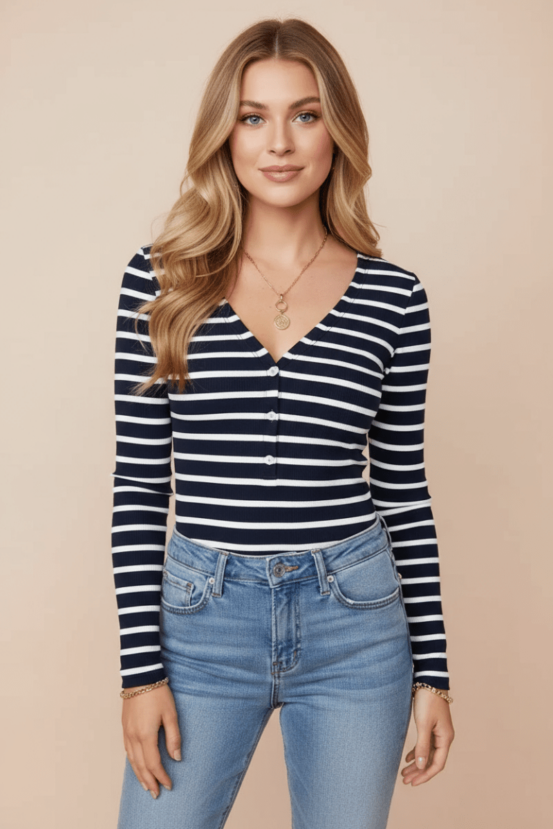 Striped V - Neck Long Sleeve Top - CELIVINE