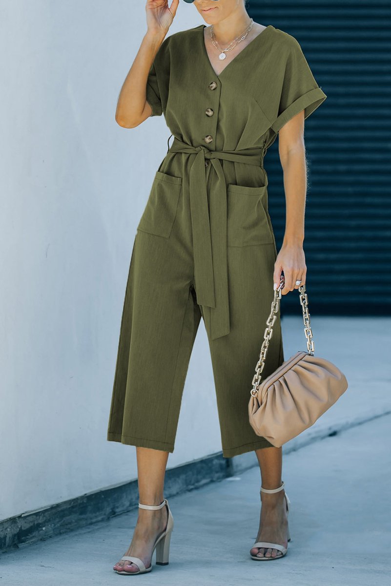 Tie - Waist Buttoned Cropped Jumpsuit - CELIVINE