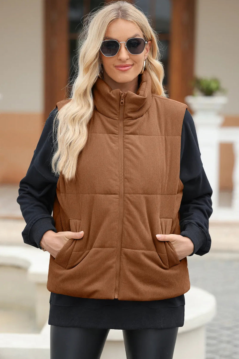Pocketed Zip Up Turtleneck Vest Coat - CELIVINE