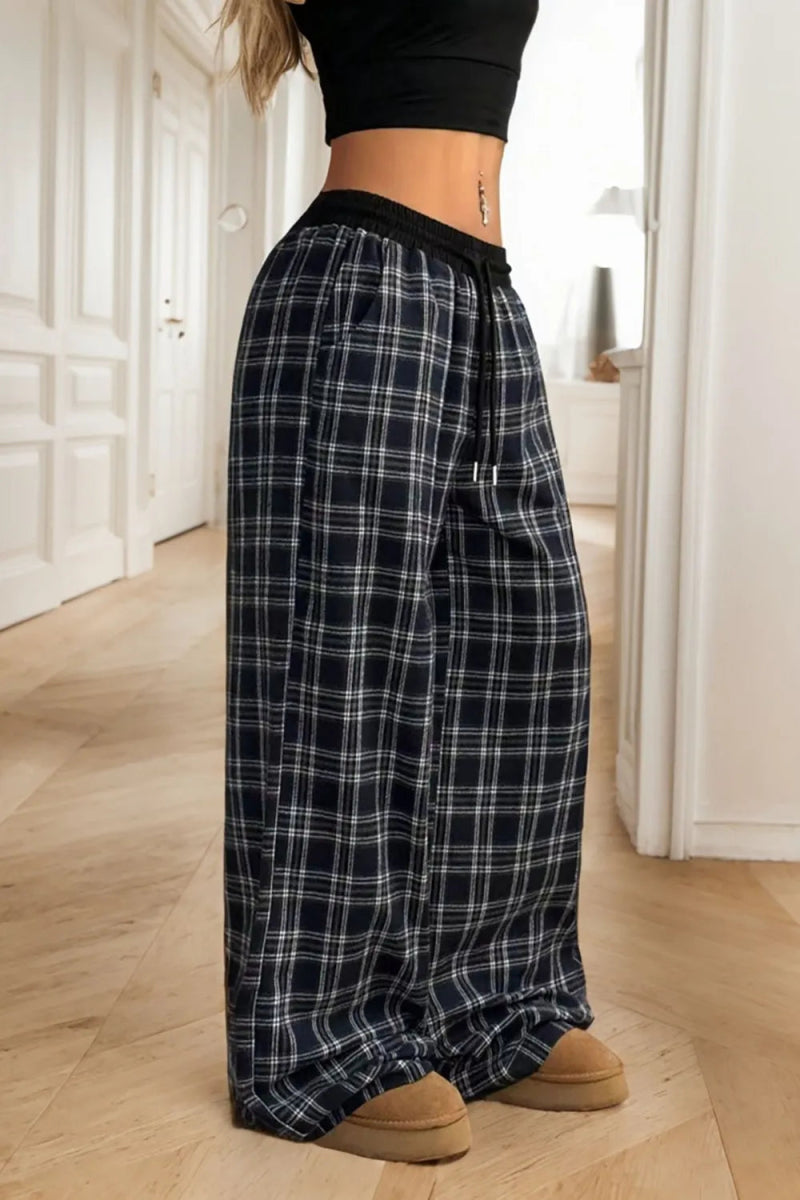 Plaid Wide Leg Pants - CELIVINE
